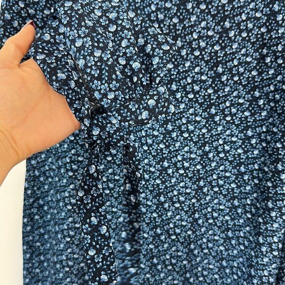 H&M Floral Tunic Shift Dress Long Tie Sleeves Blue Size 4 - Picture 3 of 7